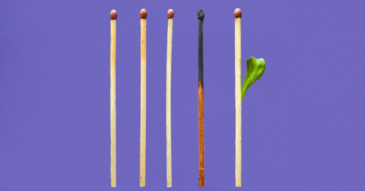 four matchsticks with one burning out and one growing a new leaf